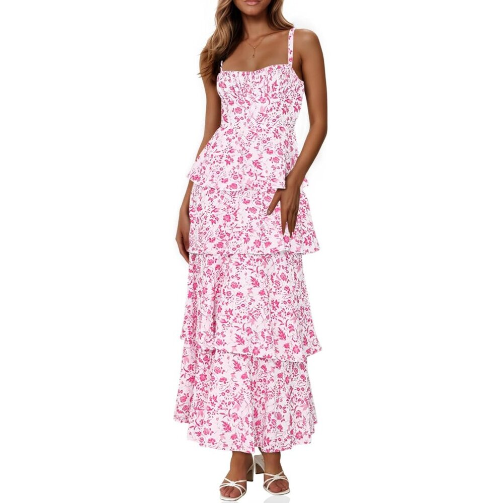 Women's Floral Maxi Dress Summer Lightweight Sleeveless Tiered Ruffle
